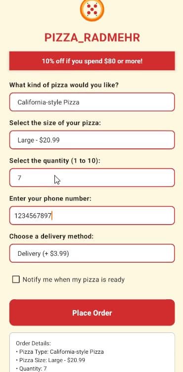 Pizza Ordering Android App running